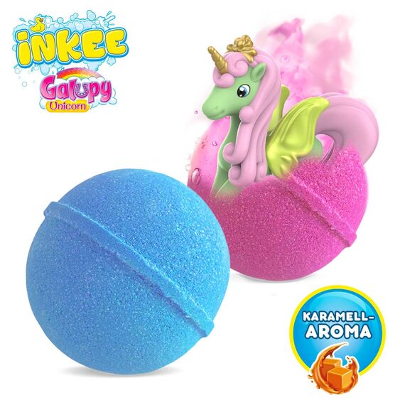 INKEE Surprise Galupy Unicorn 3er Set | 3x Badebomben Kinder mit Überraschung, Badekugeln 3x 100g mit GALUPY Einhornfiguren, Karamellduft & Jojobaöl - einhorn geschenke für mädchen