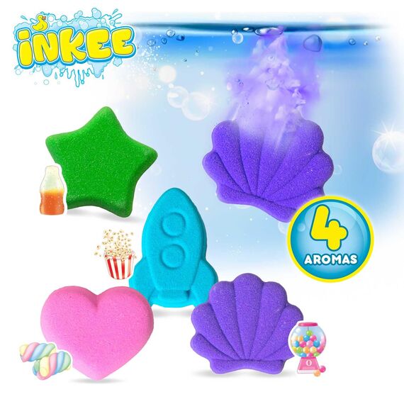 INKEE Bath Fizzer Mix Komplettes Verkaufdisplay- 40 Sprudelbad Kinder Badebomben mit Mandelöl, Badekugeln 40x 20g mit 4 verschiedenen Fraben, Duften und Formen