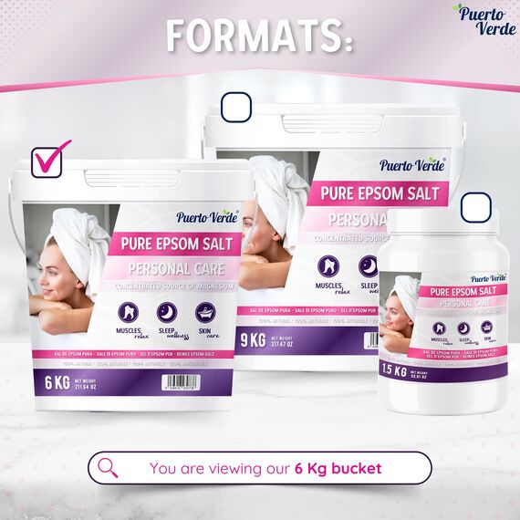 Puerto Verde • Epsom Salz 6 Kg. Konzentrierte Magnesium Quelle. Bittersalz aus 100% Natürlichem Ursprung. Badesalz für Muskelkater, Stressabbau & Guten Schlaf. Europäische Produktion.