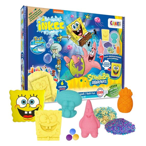 INKEE Geschenkbox SPONGE BOB Badeset 7 Badezusätze, SpongeBob Schwammkopf Badekugeln & Badesalz Kinder mit Avocado Öl + Accessoire - spielzeug ab 3 jahre