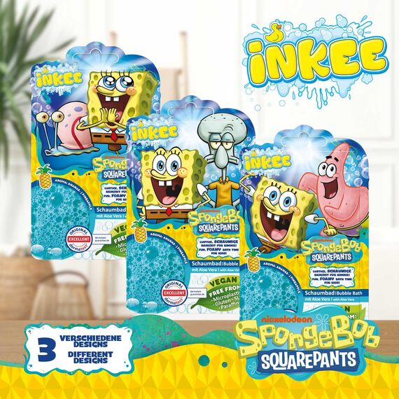 INKEE - Bubble Bath Liquid Sponge Bob 15er Set | Badezusatz Kinder, blaues Schwammkopf Schaumbad kinder Mit Mandelöl & Ananas Duft, 15x 40g