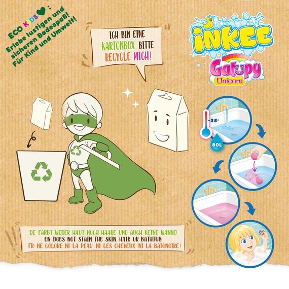 INKEE Surprise Galupy Unicorn | Einhorn Badebombe Kinder mit Überraschung, Badekugel 100g mit GALUPY Einhornfiguren, Karamellduft & Jojobaöl