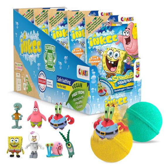 INKEE SpongeBob 5er Pack - Badebomben Kinder mit Überraschung - SpongeBob Schwammkopf Figuren zum Sammeln - 5x Badekugeln 80g mit Burgergummi-Aroma und Jojobaöl, Türkis oder Gelb