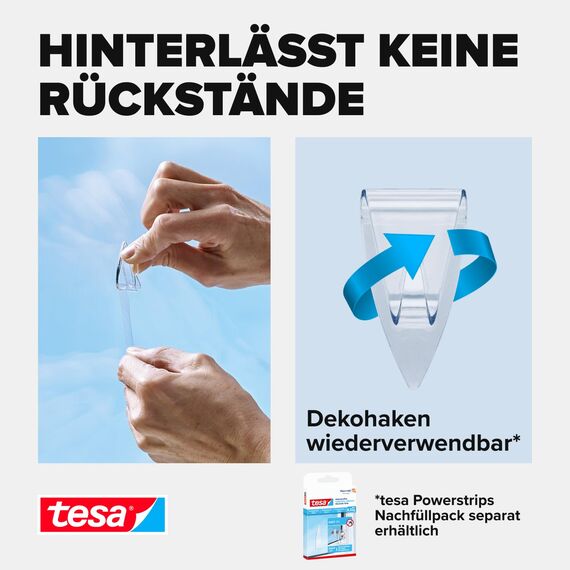 tesa Powerstrips DECO Haken SMALL - Klebehaken für Deko an Glas und Spiegel - bis zu 200 g Haltekraft
