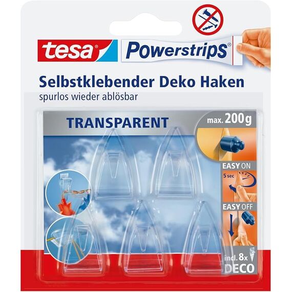 tesa Powerstrips DECO Haken SMALL - 5 Klebehaken für Deko an Glas und Spiegel - bis zu 200 g Haltekraft (10 Packungen)