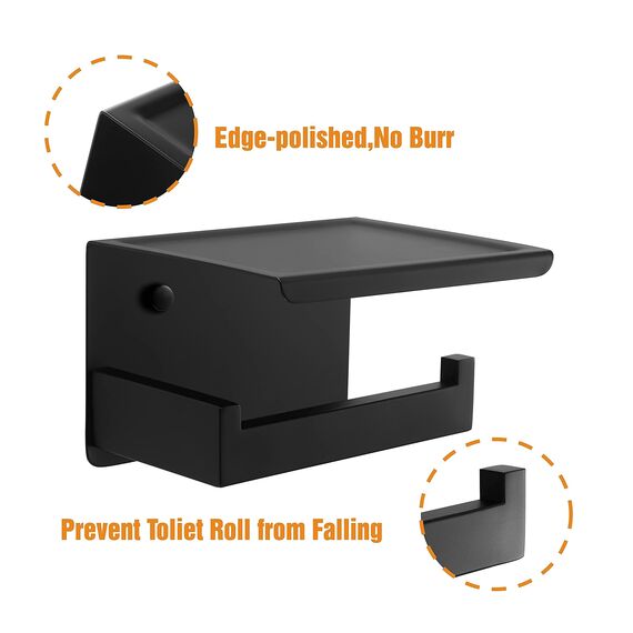 HITSLAM Toilettenpapierhalter Ohne Bohren, Selbstklebend Klopapierhalter mit Ablage, Edelstahl Klorollenhalter Wandmontage, Wc Papier Halterung Rollenhalter mit Kleber für Badzimmer Schwarz