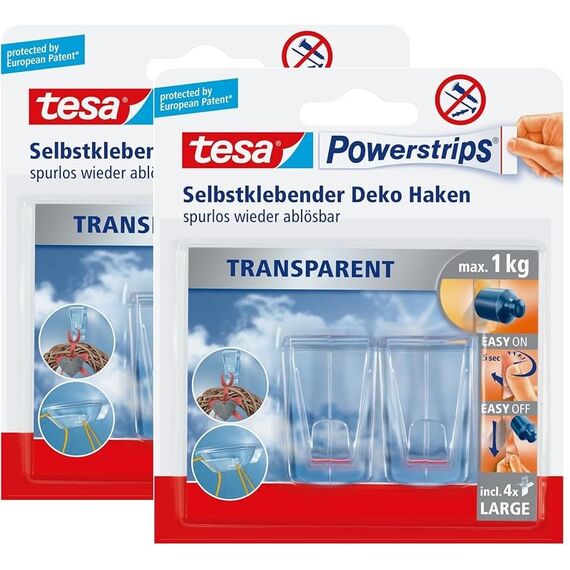tesa 58813-00002-00 Pack mit 2 Haken (XL-Format) und 4 Powerstrip-Klebestreifen, transparent (2er Pack)