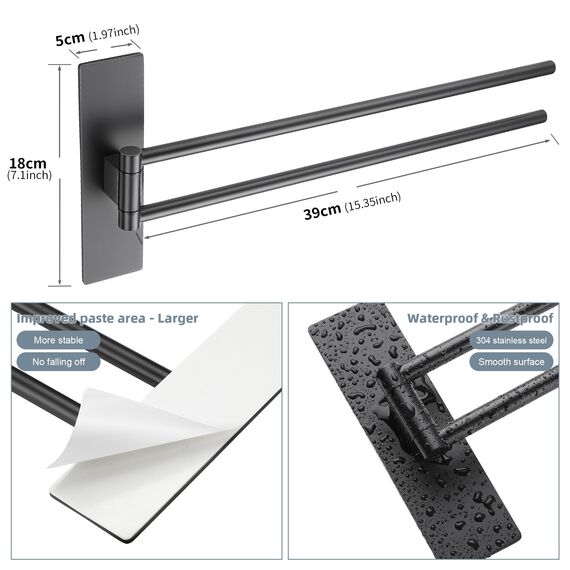 OETAMS Handtuchhalter Ohne Bohren Schwarz Matt 180° Schwenkbar Handtuchstange Selbstklebend Handtuchhalter 304 Edelstahl Badetuchhalter Doppelter Habdtuchhalterung 39CM