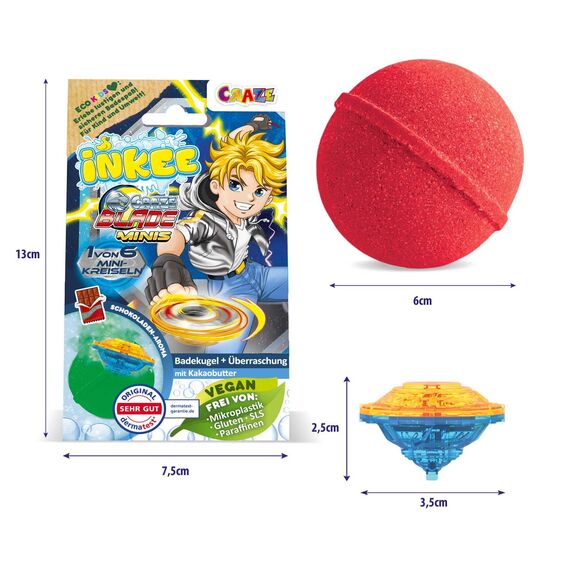 INKEE Surprise Blade Kampfkreisel - 5x Badebomben Kinder mit Überraschung - 5 von 6 BLADE mini Kreiseln - Badekugeln 5x 100g mit Schokolade-Duft und Kakaobutter, Grün oder Rot