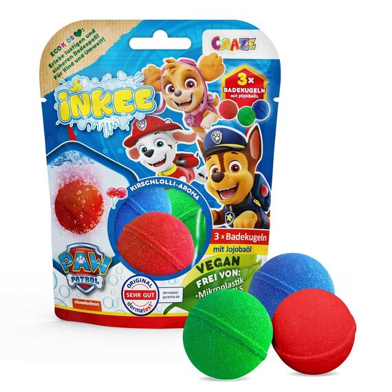 INKEE Paw Patrol Badebomben Kinder 3er Pack - Badekugeln in 3 Farben mit Jojobaöl & Kirschlolli Aroma 3x50g, Kinder Badezusatz