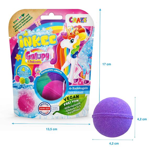 INKEE Galupy Unicorn - 4 Badebomben Kinder, Einhorn Badekugeln 4x 50g, Kaugummi-Aroma & Jojobaöl