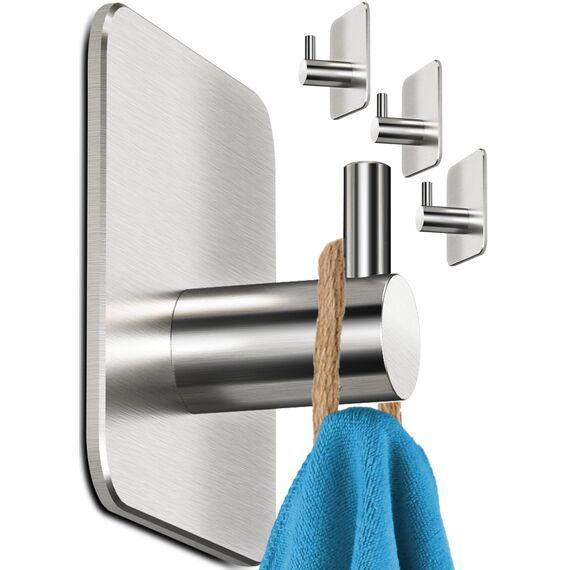 Menz Handtuchhalter ohne Bohren, 4 Haken im Set – Wasserfeste Klebehaken, Edelstahl Handtuchhaken für Bad, hochwertige Haken selbstklebend, Badezimmer Handtuchhalter mit hoher Tragkraft