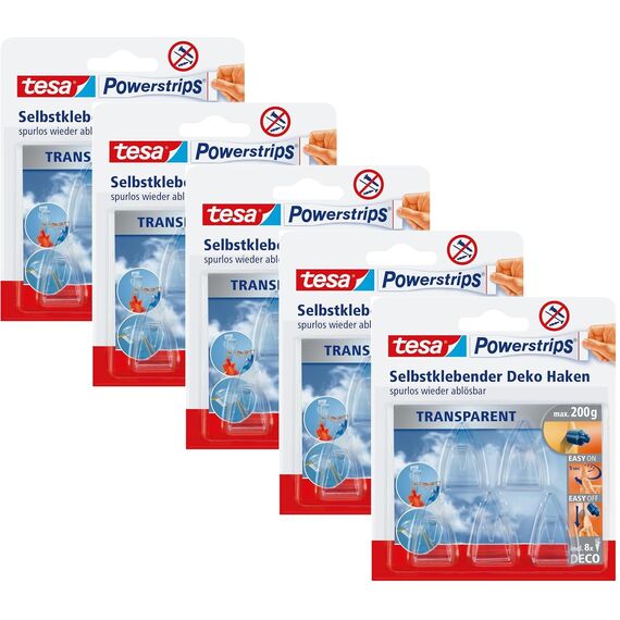 tesa Powerstrips DECO Haken SMALL - 5 Klebehaken für Deko an Glas und Spiegel - bis zu 200 g Haltekraft (5 Packungen)