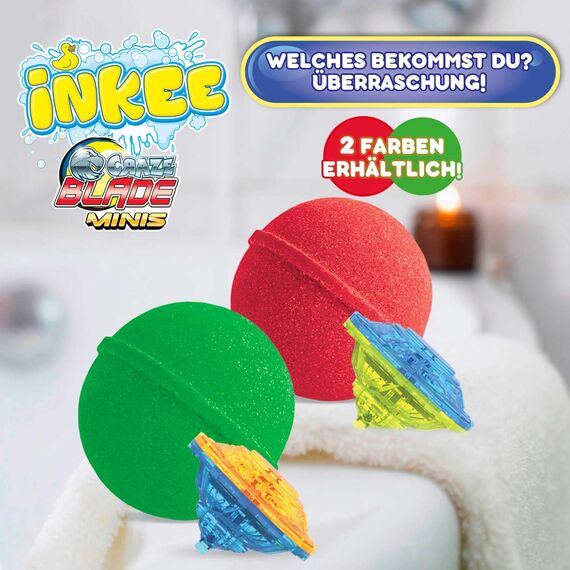 INKEE Surprise Blade Kampfkreisel - 5x Badebomben Kinder mit Überraschung - 5 von 6 BLADE mini Kreiseln - Badekugeln 5x 100g mit Schokolade-Duft und Kakaobutter, Grün oder Rot
