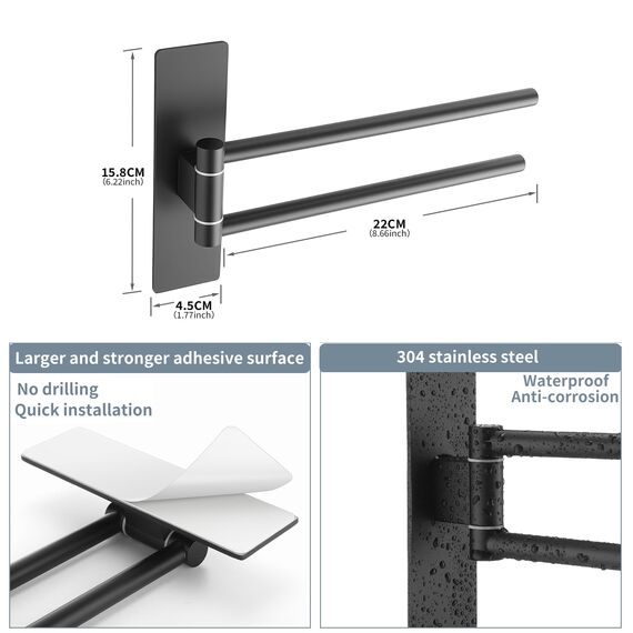 OETAMS Handtuchhalter Ohne Bohren Schwarz 180° Schwenkbar 22CM Handtuchstange Selbstklebend Handtuchhalter 304 Edelstahl Badetuchhalter Doppelter Habdtuchhalterung