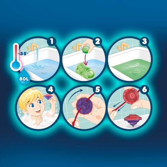 INKEE Surprise Blade Kampfkreisel - 3x Badebomben Kinder mit Überraschung - 3 von 6 BLADE mini Kreiseln - Badekugeln 3x 100g mit Schokolade-Duft und Kakaobutter, Grün oder Rot