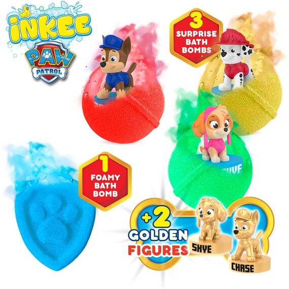 INKEE Geschenkbox PAW PATROL - Box mit 4 Kinder Badebomben mit Mandelöl, enthält 5 verschiedene Pawpatrol Figuren zum Sammeln - Badekugeln Kinder mit Überraschung