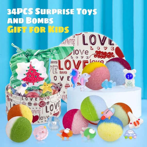 34PCS Bath Bombs for Kids with Toys Inside Girls and Boys, Surprise Bath Bombs with Ocean Animals and Space Planet Toys Inside, Natural Organic Bubble Bath Fizzies, Gift Tin Box for Christmas