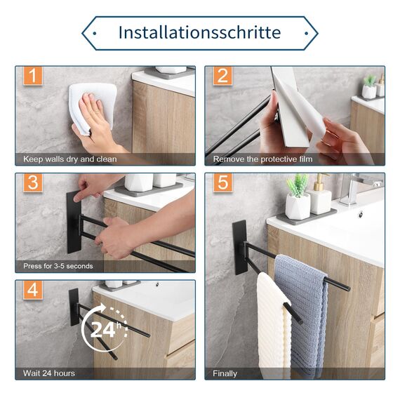 OETAMS Handtuchhalter Ohne Bohren Schwarz Matt 180° Schwenkbar Handtuchstange Selbstklebend Handtuchhalter 304 Edelstahl Badetuchhalter Doppelter Habdtuchhalterung 39CM