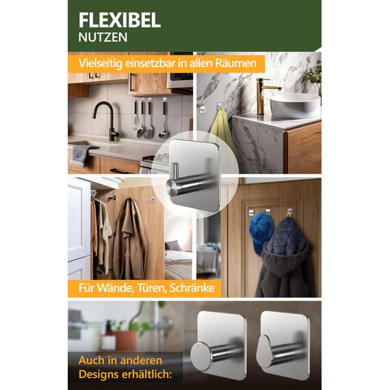 4smile Handtuchhalter ohne Bohren, 6er Set, Silber - Badezimmer Handtuchhalter aus Edelstahl, funktionale Klebehaken, hohe Tragkraft - Wasserfeste Haken für Bad, Haken selbstklebend, Handtuchhaken