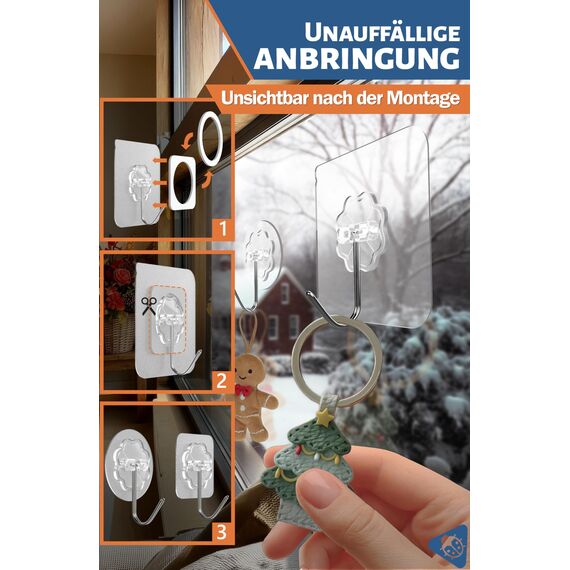 4smile selbstklebende Haken – 12 Stück Klebehaken extra stark, wetterfest und rostfrei, 180° drehbar, für Weihnachtsdekoration, Küche, Bad, Wand und Decke