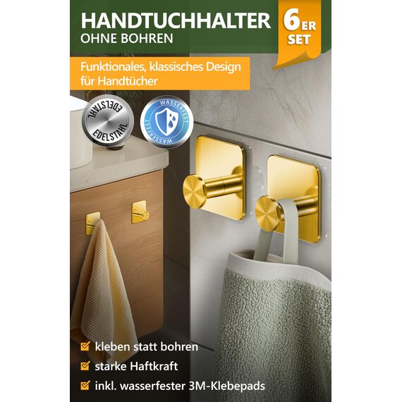4smile Handtuchhalter ohne Bohren, 6er Set, Gold - Badezimmer Handtuchhalter aus Edelstahl, moderne Klebehaken, hohe Tragkraft - Wasserfeste Haken für Bad, Haken selbstklebend, Handtuchhaken