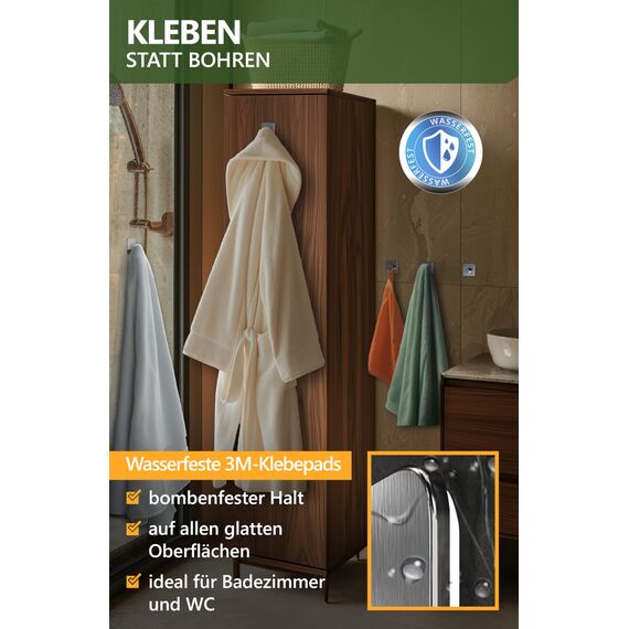 4smile Handtuchhalter ohne Bohren, 6er Set, Silber - Badezimmer Handtuchhalter aus Edelstahl, moderne Klebehaken, hohe Tragkraft - Wasserfeste Haken für Bad, Haken selbstklebend, Handtuchhaken