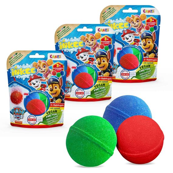INKEE Paw Patrol Badebomben Kinder 9er Pack - 9X Badekugeln in 3 Farben mit Jojobaöl & Kirschlolli Aroma 3x50g, Geschenk Junge 3 Jahre
