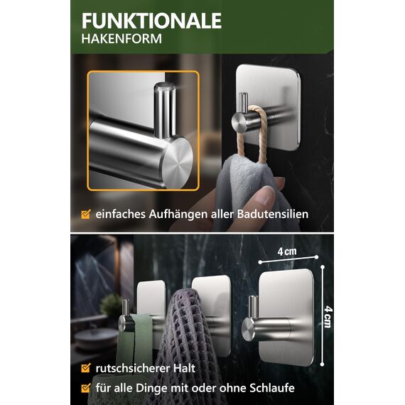 4smile Handtuchhalter ohne Bohren, 6er Set, Silber - Badezimmer Handtuchhalter aus Edelstahl, funktionale Klebehaken, hohe Tragkraft - Wasserfeste Haken für Bad, Haken selbstklebend, Handtuchhaken