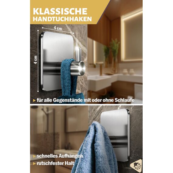 Menz Handtuchhalter ohne Bohren, 4 Haken im Set – Wasserfeste Klebehaken, Edelstahl Handtuchhaken für Bad, hochwertige Haken selbstklebend, Badezimmer Handtuchhalter mit hoher Tragkraft