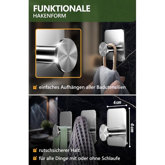 4smile Handtuchhalter ohne Bohren, 6er Set, Silber - Badezimmer Handtuchhalter aus Edelstahl, moderne Klebehaken, hohe Tragkraft - Wasserfeste Haken für Bad, Haken selbstklebend, Handtuchhaken