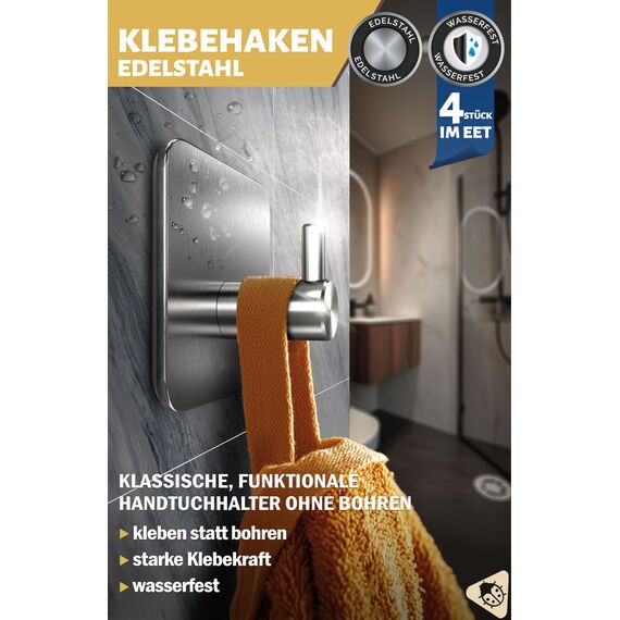 Menz Handtuchhalter ohne Bohren, 4 Haken im Set – Wasserfeste Klebehaken, Edelstahl Handtuchhaken für Bad, hochwertige Haken selbstklebend, Badezimmer Handtuchhalter mit hoher Tragkraft
