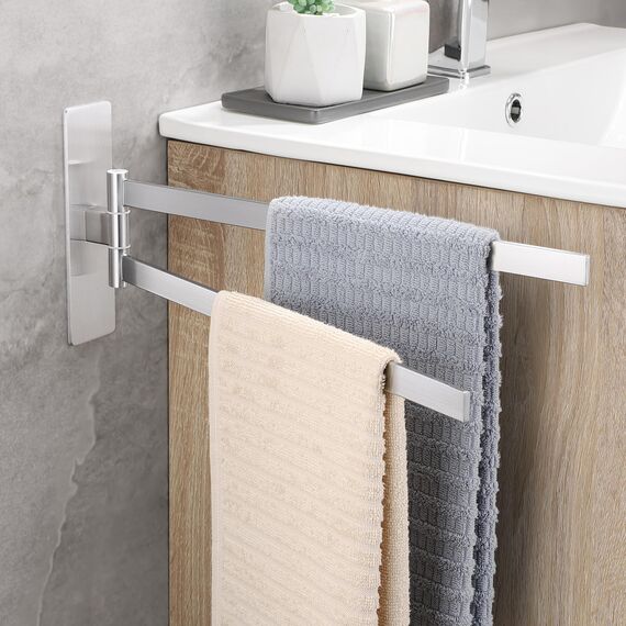 OETAMS Handtuchhalter Ohne Bohren 180° Schwenkbar Eckig Handtuchstange Selbstklebend Handtuchhalter 304 Edelstahl Badetuchhalter Doppelter Habdtuchhalterung Silber
