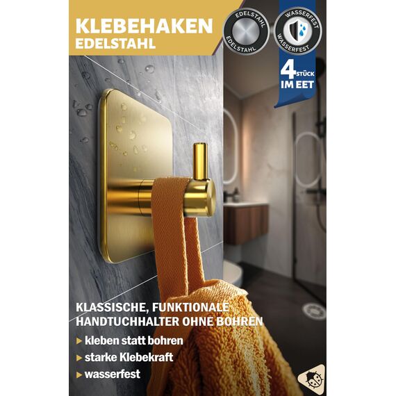 Menz Handtuchhalter ohne Bohren, 4 Haken im Set, golden – Wasserfeste Klebehaken, Edelstahl Handtuchhaken für Bad, hochwertige Haken selbstklebend, Badezimmer Handtuchhalter mit hoher Tragkraft