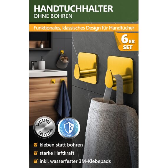 4smile Handtuchhalter ohne Bohren - Badezimmer Handtuchhalter aus Edelstahl, funktionale ovale Klebehaken - Wasserfeste Haken für Bad, Haken selbstklebend, Handtuchhaken, 6er Set, Gold