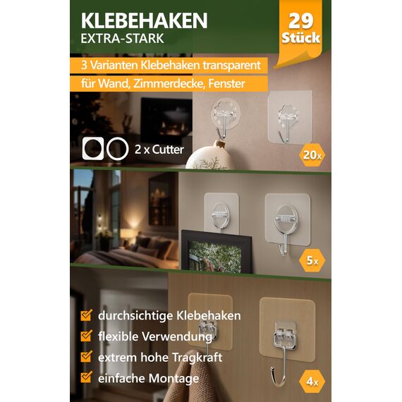 4smile Klebehaken extra-stark - 29 Stück Mix-Set mit 3 Varianten selbstklebende Haken transparent - Kleiderhaken selbstklebend