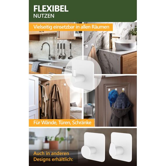 4smile Handtuchhalter ohne Bohren, 6er Set, weiß - Badezimmer Handtuchhalter aus Edelstahl, funktionale ovale Klebehaken - Wasserfeste Haken für Bad, Haken selbstklebend, Handtuchhaken