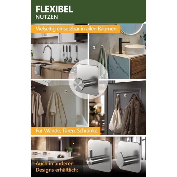 4smile Handtuchhalter ohne Bohren, 6er Set, Silber - Badezimmer Handtuchhalter aus Edelstahl, moderne Klebehaken, hohe Tragkraft - Wasserfeste Haken für Bad, Haken selbstklebend, Handtuchhaken