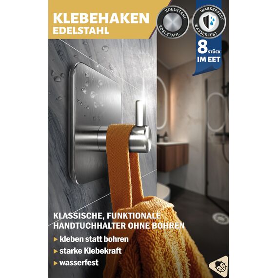 Menz Handtuchhalter ohne Bohren, 8 Haken im Set – Wasserfeste Klebehaken, Edelstahl Handtuchhaken für Bad, hochwertige Haken selbstklebend, Badezimmer Handtuchhalter mit hoher Tragkraft
