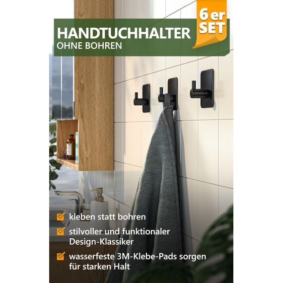 4smile Handtuchhalter ohne Bohren, 6er Set, schwarz - Badezimmer Handtuchhalter aus Edelstahl, funktionale Klebehaken, hohe Tragkraft - Wasserfeste Haken für Bad, Haken selbstklebend, Handtuchhaken