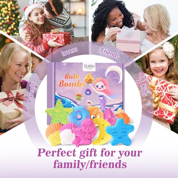DUAIU Badebomben,10-teiliges Badekugeln Kinder Geschenkset als Badezusatz, Meersalz, Pflanzliche ätherische Öle, Schaumbad und Spa-Badekugeln, Geschenke für Frauen Kinder Freundin