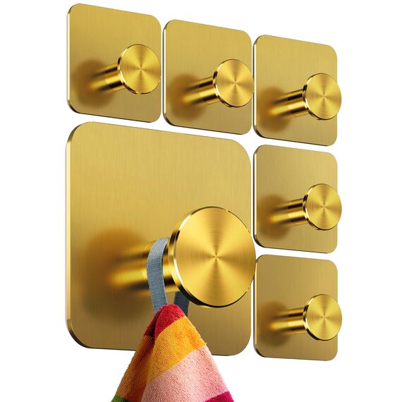 4smile Handtuchhalter ohne Bohren, 6er Set, Gold - Badezimmer Handtuchhalter aus Edelstahl, moderne Klebehaken, hohe Tragkraft - Wasserfeste Haken für Bad, Haken selbstklebend, Handtuchhaken