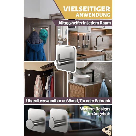 Menz Handtuchhalter ohne Bohren, 4 Haken im Set – Wasserfeste Klebehaken, Edelstahl Handtuchhaken für Bad, hochwertige Haken selbstklebend, Badezimmer Handtuchhalter mit hoher Tragkraft