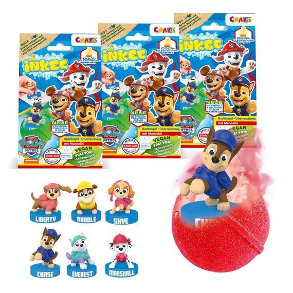 INKEE SURPRISE PAW PATROL | Badebomben Kinder mit Überraschung 3er Pack, Überraschungs-Badekugel mit Paw Patrol Stempelfiguren, 3 Stück