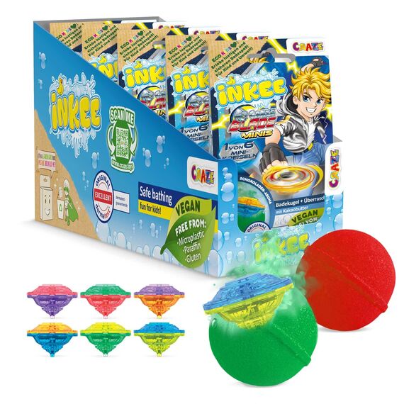 INKEE Surprise Blade Kampfkreisel - 5x Badebomben Kinder mit Überraschung - 5 von 6 BLADE mini Kreiseln - Badekugeln 5x 100g mit Schokolade-Duft und Kakaobutter, Grün oder Rot