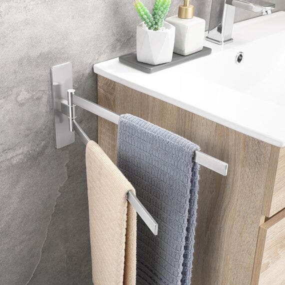 OETAMS Handtuchhalter Ohne Bohren 180° Schwenkbar Eckig Handtuchstange Selbstklebend Handtuchhalter 304 Edelstahl Badetuchhalter Doppelter Habdtuchhalterung Silber