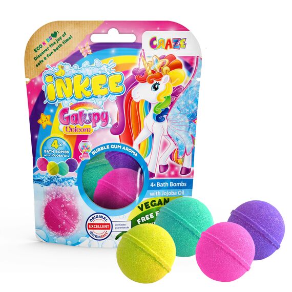 INKEE Galupy Unicorn 5er Pack- 20 Badebomben Mädchen mit Kaugummiduft & Jojobaöl, Badekugeln Kinder 4 Farben 20x 50g - Einhorn Geschenk Kinder