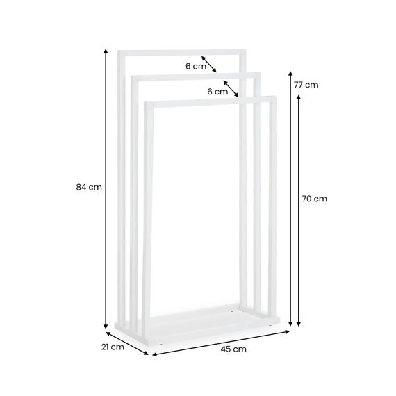 Handtuchhalter KUNO, weiß lackiert - freistehender Badetuchhalter mit 3 Stangen, Handtuchständer aus Metall