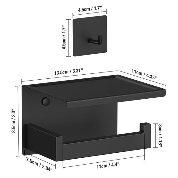 HITSLAM Toilettenpapierhalter Ohne Bohren mit 4 Klebehaken, Edelstahl Selbstklebend Klopapierhalter mit Ablage, Wc Papier Halterung Rollenhalter Wandmontage mit Kleber für Badzimmer Schwarz