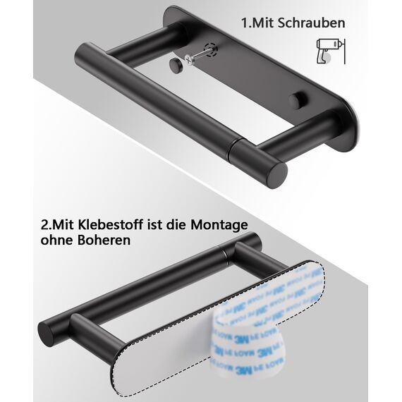 Aikzik Toilettenpapierhalter, Klopapierhalter mit 2 Montagemethoden, Klorollenhalter ohne Bohren, Wc Papier Halterung Wandhalterung, Toilettenpapierrollenhalter Edelstahl für Küche und Bad, Schwarz